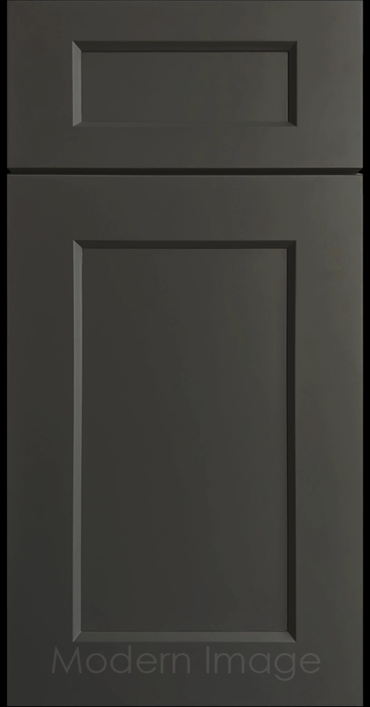 Laguna Iron Ore painted Shaker kitchen cabinet door with wide stiles & rails, inside profile and a flat center panel.